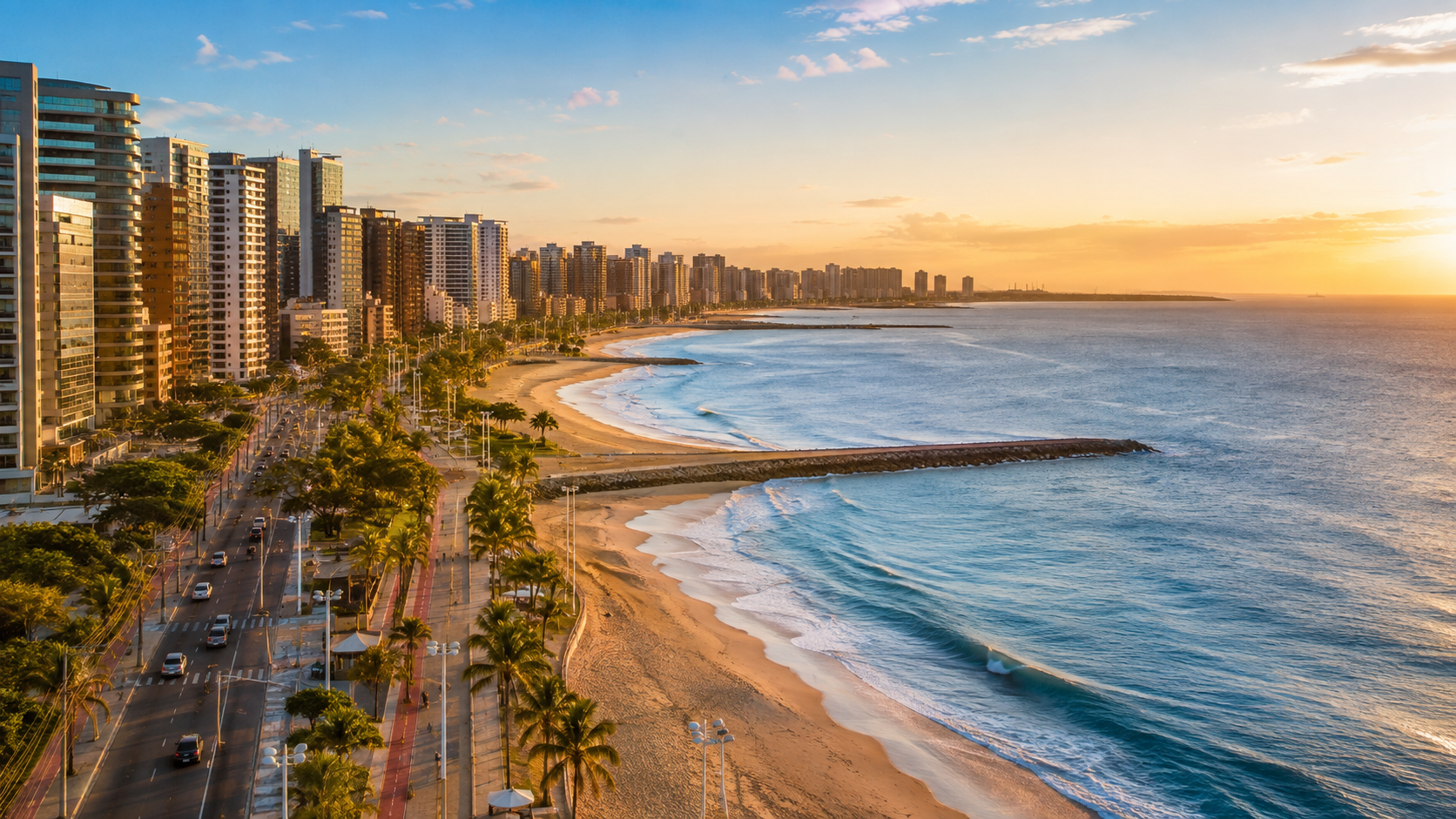 Vista aérea da orla de Fortaleza ao amanhecer